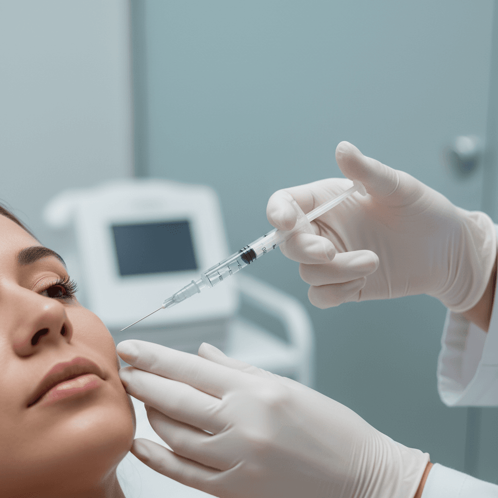Medical aesthetics professional's gloved hands administering precision injection to client's cheekbone with clinical expertise and careful technique