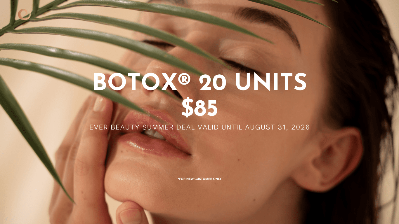 Close-up of woman behind palm leaf advertising a 20 unit Botox deal for 85 dollars.
