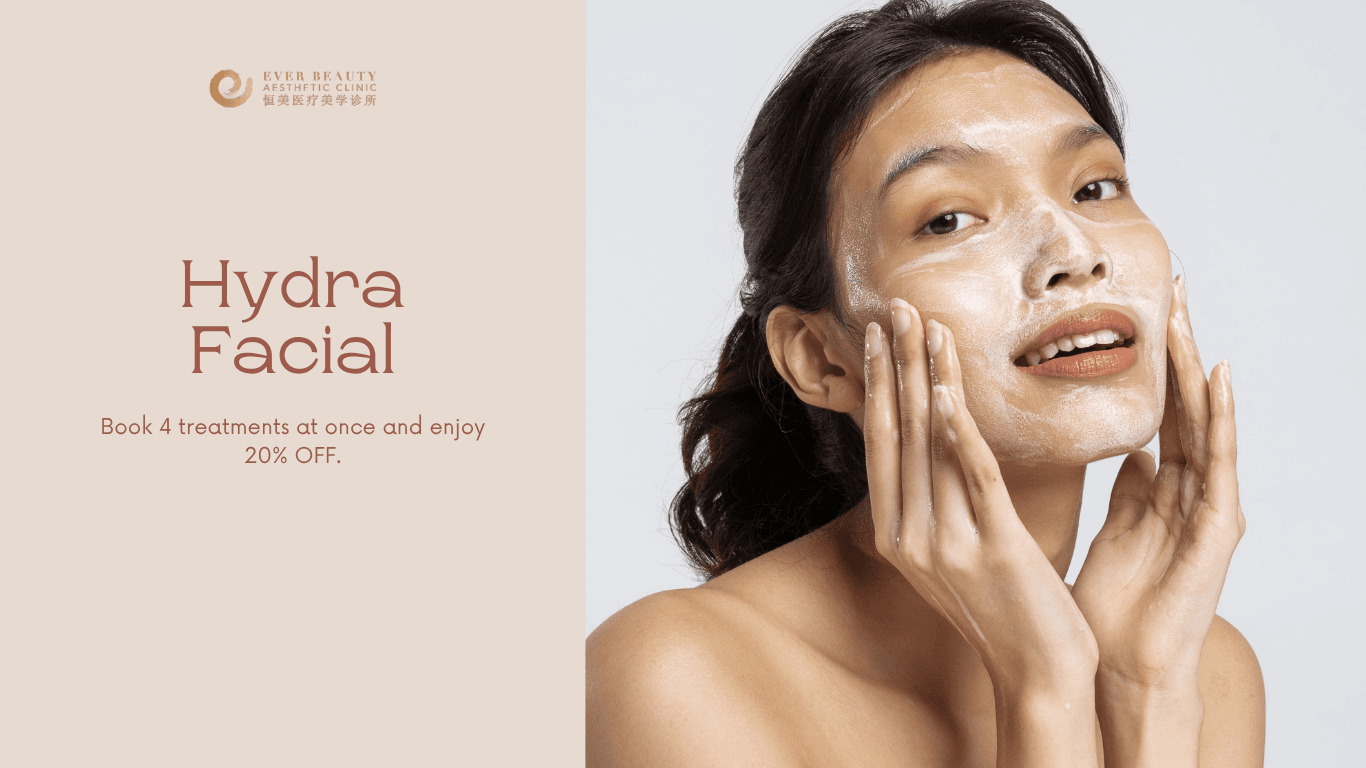 Woman with facial foam for a Hydra Facial advertisement offering a 20% discount.