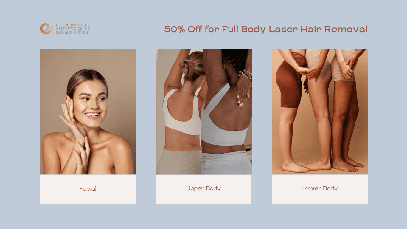 Clinic advertisement for 50% off laser hair removal featuring facial, upper body, and lower body.